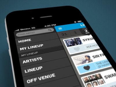Music Festival App (Lineup and Side Navigation) 2x app datepicker ios real pixels search sidenav tagstagstags
