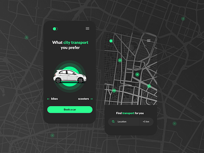 City transportation - app concept app bike car city communication concept dark theme scooter transportation