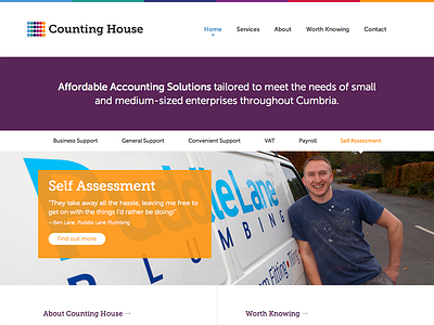 Counting House accountant accounting branding clean colour flat slug and bull testimonials ui web design website