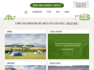 Burns Farm accommodation brown camping campsite caravan green minimal photography slug and bull ui web design website