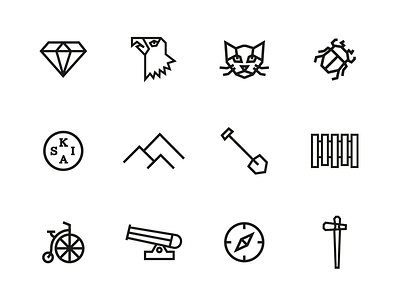 Keswick Museum Icons v2 beetle branding cat eagle history icons line museum penny farthing slug and bull vector