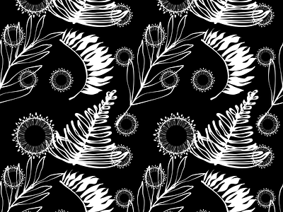 DANDIFERNS on black background black and white print daffodil print fern print floral print graphic design