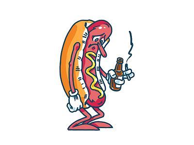 Sad Hot Dog america ballpark beer buns drawing hot dog illustration ketchup mustard sad smoke usa
