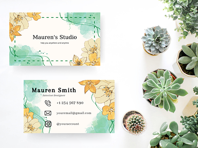 Simple Business Card with Florals Drawing and Watercolor Splash business business card canva card company card design florals hand drawn illustration name card watercolor