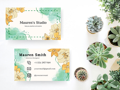 Simple Business Card with Florals Drawing and Watercolor Splash