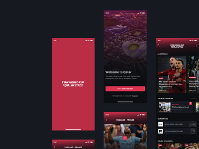 Qatar World Cup App app app screen design card category concept feed football interface ios app login mobile mobile design mobile ui news onboarding online social splash sport welcome