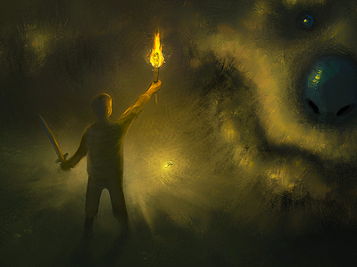 Challenge boy dark drawing dungeon environment illustration light lurking monster painting sword torch