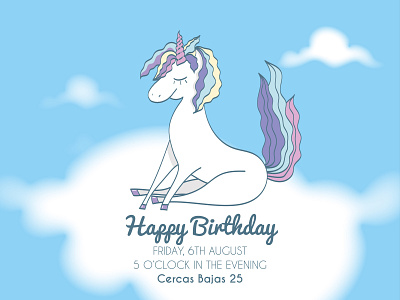 Happy birthday invitation. Cute hand drawn unicorn. AI birthday children design graphic design greeting card hand drawn illustration invitation card kids unicorn vector