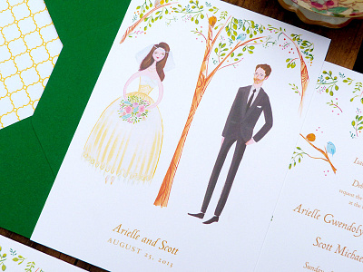 The Birds and the Trees birds green illustration invitations portrait thank you trees wedding yellow