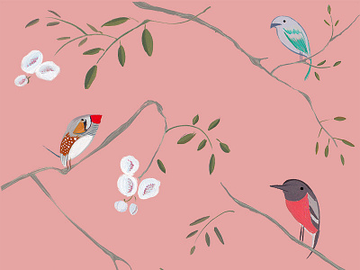 Birds 'N' the Tress birds branch chirp garden green handmade paint pink tree tweet wallpaper