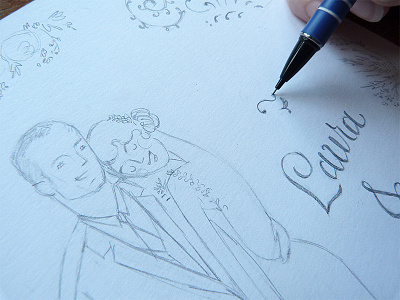 Laura And Matthew Sketch Detail bride floral frame groom illustration portrait sketch stationery suite wedding