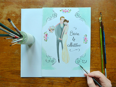 Vantage bride floral flowers groom hand illustration portrait stationery suite typography wedding