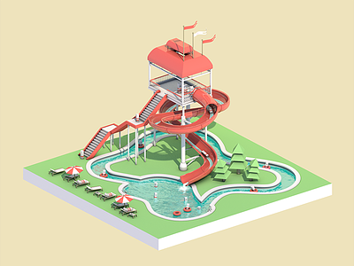 Waterpark One 3d cube illustration isometric lowpoly waterpark