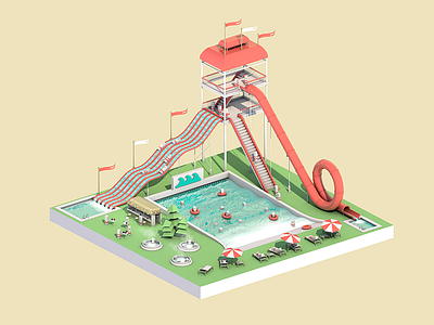 Waterpark Two 3d cube illustration isometric lowpoly waterpark