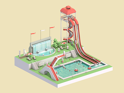 Waterpark Three 3d cube illustration isometric lowpoly waterpark