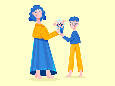 Son gives a bouquet of flowers to mom adobe illustrator congratulation cute graphic design illustration vector