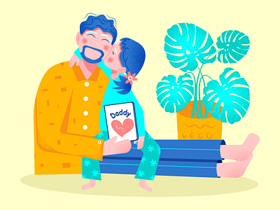 The girl hugs her dad and gives him a card for Father's Day adobe illustrator cute graphic design illustration monstera vector