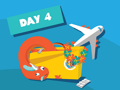 Day 4 - HOWW18 aeroplane airplane blue broken floaty flowernecklace hangover hawaiian illustration pillstrip plane suitcase