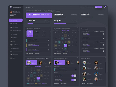 Human Resources Portal - Dark version app application branding calendar clear dark design face figma flat hr logo photo portal purple ui web webdesign