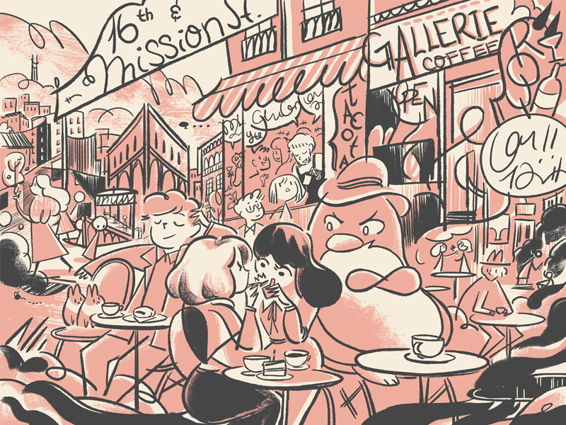 Brunchies: 16th & Mission penguin mission district san francisco cafe brunch city pink monotone expressive illustration