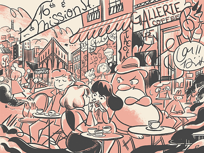 Brunchies: 16th & Mission brunch cafe city expressive illustration mission district monotone penguin pink san francisco