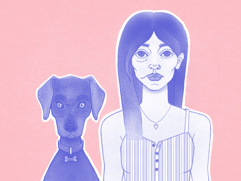 Portrait of a Girl with a Dog animation big eyes blue bone brush character art character design collar cute dog drawing process girl hair heart illustration lips pendant pink pretty weimaraner