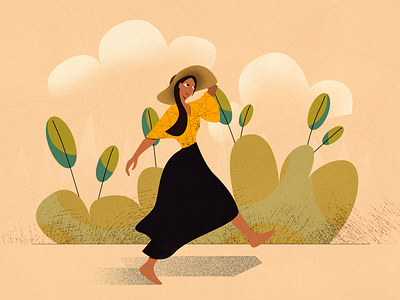 Her - Another Flat Illustration alone beautiful girl bushes dancing debut face flat girl hat illustration leaf leaves lovely path road sky tree woman
