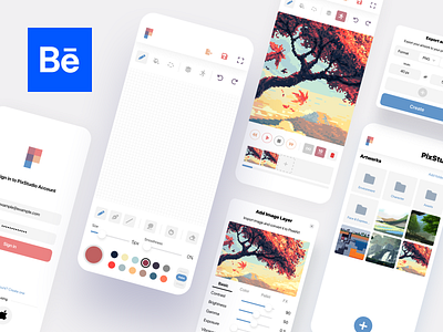 Pixel Art App - PixStudio - Case Study animaitor app animation app artist app case study color pallet dot art files app game design home illustration image editor keyframe layers panel login ui logo organizer pixel art app product design slider ui