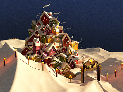 Dwarfville cityscape dwarf fir hill houses new year snow town