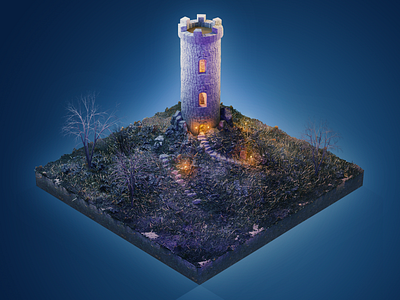 Mini medieval watchtower 3d blender blue design grass illustration isometric isometric illustration landscape medieval tower trees watchtower