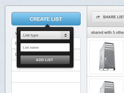 Create List button input list popover select