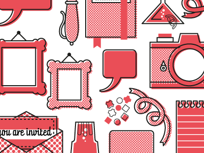 All together - work in progress camera frame note paper halftone outline illustration alice donadoni party drink invitation