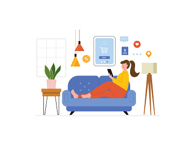 )nline Shopping decor design discount home icon illustration interior living room online shop online shopping social media stay at home vector