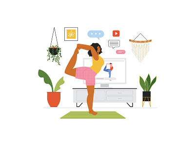 Practicing yoga at home class classes decor graphic home icon illustration interior online plant social distancing sport streaming vector yoga