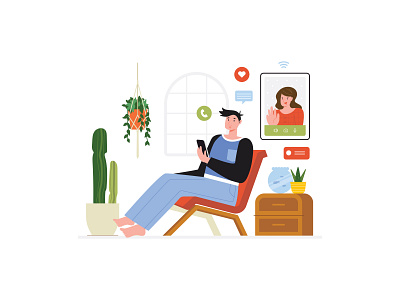 Online Communication character decor illustration interior online people plant stay home vector video call