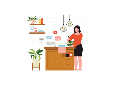 Online Cooking Class character class cooking decor icon illustration interior kitchen online people plant stay home vector