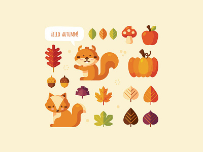 Hello Autumn acorn apple autumn fall fox icon illustration leaf leaves pumpkin squirrel vector