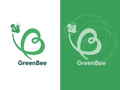 Green Bee logo b bee brand branding character design colour design ego flat friendly geometric green heart illustration logo shapes sustainability type typography