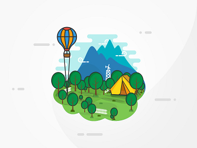 Green Life! forrest green life hot air balloon illustration mountain nature tent valley