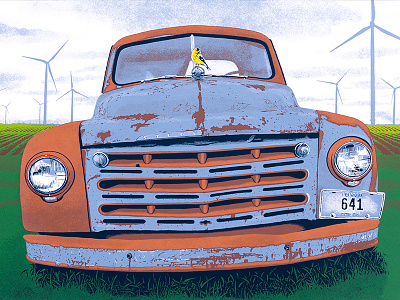 Travel By Screen series poster goldfinch halftone iowa poster print screen print silkscreen studebaker truck turbines wind farm