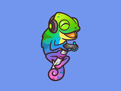 Polychromica animal play games cartoon mascot happy playful chameleon brand logo identity design joy illustration online fun twitch channel colorful