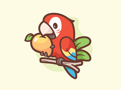 Scarlet macaw eating fruit grab happy friendly icon leafs colorful logo brand branding mango stick cute parrot scarlet macaw