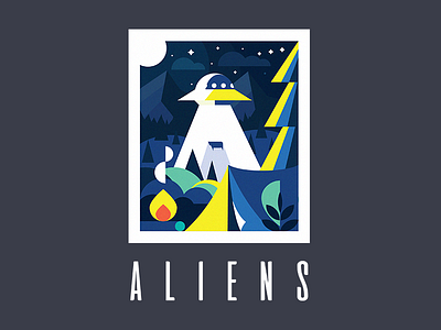 The answer is: Aliens aliens space illustration art print mountain life nature night moon planets geometric geometry stars ufo cow cows