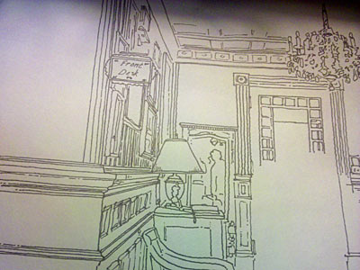 Drawing A Hotel Lobby ink light table paper pen trace