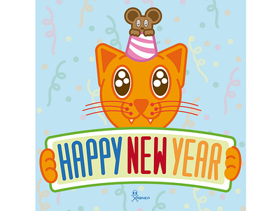 Happy New Year 2021 2022 cartoon cartoonish cat celebration digitalart digitalillustration flatart graphic design illustration kitty mice mouse newyear party vector vectorart year