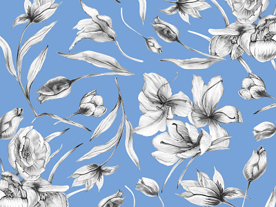 Tulips botanical illustration pattern pencil print textile design