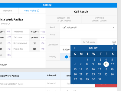 Internal app for sales department blue call dashboard phone service table