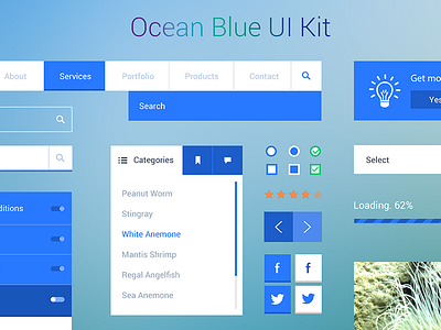 Ocean Blue UI Kit accordion blue elements form music player nav progress psd slider tab ui video