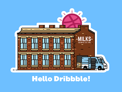 Hello Dribbble! debut flat hello milk sticker stickermule truck vector