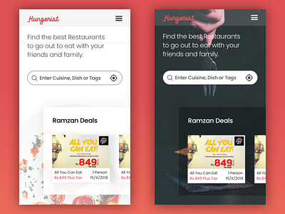 Hungerist Mobile Landing Concepts card view dark theme deals foodapp hamburger hungerist light theme mobile web mobile web landing ramadan ramazan search web landing